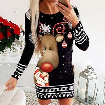 Moda za Božič Obleko Ženske Božič Santa Claus Tiskanje Dolg Rokav Obleka Haljo De Noel ropa de mujer 2020 Navidad