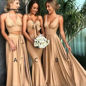 Seksi Strani Split Proti-vrat Champagne Gold Družico Obleke Dolgo Elegantno Obleko Ženske Za svate Plus Velikost Družico Obleke