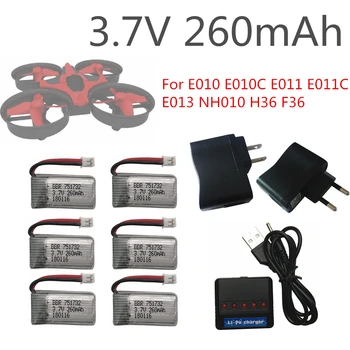 6Pcs 3,7 V 260mAh 2.0 Priključek za Lipo Baterije in X6 Polnilec za E010 E011 E013 F36 NH010 H36 RC Mini Quadcopter