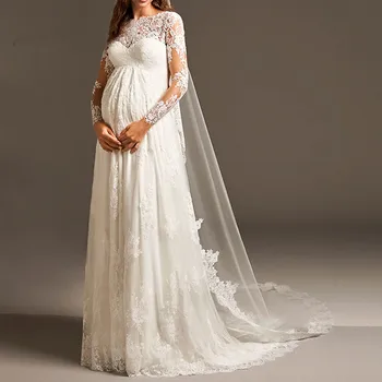 Vestido De Noiva Elegantno Imperij Noseča Poročno Obleko Z Dolgimi Rokavi Porodniškega Čipke Poročne Halje Za Ženske Mariage