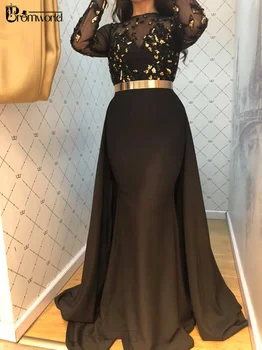 Črna morska deklica Večerne Obleke Iluzijo Dolg Rokav Beaded Skromno Stranka Halje z zlatim Pasom Formalno Obleko 2021 Vestidos De Fiesta