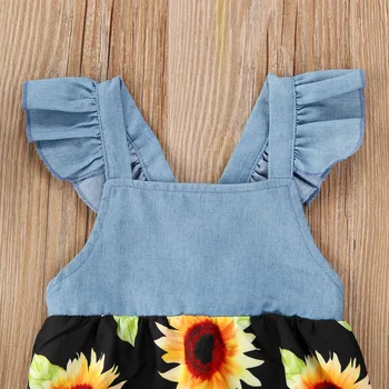 0-24M Poletje Srčkan Malčke Baby Dekleta Bodysuits Sončnice Tiskanja Patchwork Blue Jumpsuits Obleke