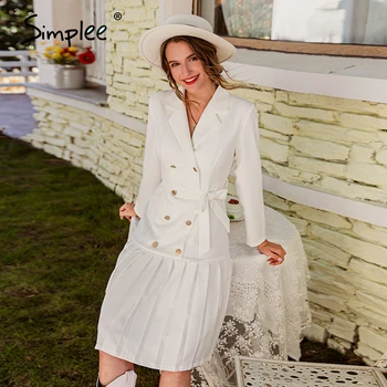 Simplee Letnik naguban pasu obleka ženske Zarezo A-Line dolg rokav midi urad obleko Mozaik dnu belo obleko jeseni leta 2020