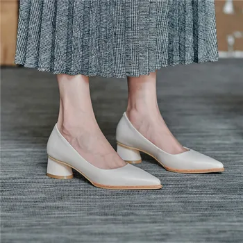 MoonMeek 2020 Nov prihod moda za ženske črpalke pravega usnja plitvo eno čevlji poletje urad obleko čevlje bela marelica