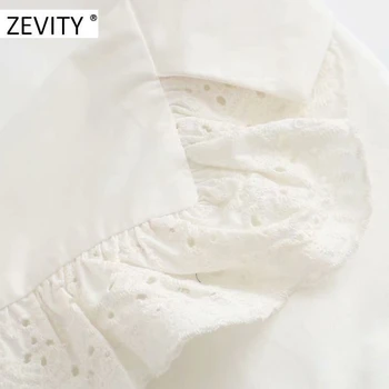 Zevity Nove ženske modni votlih iz čipke mozaik znižuj ovratnik delavska bluzo urad dama puff rokav elegantna majice, vrhovi LS7156