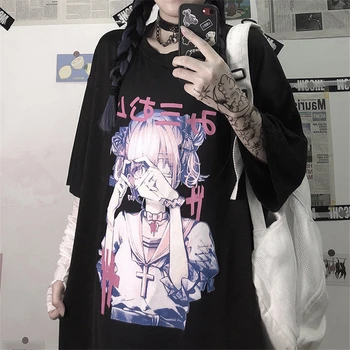 2020 Poletje Ženske Harajuku Gothic Punk Chuunibyo Anime Dekle Tiskanja Kratkimi Rokavi T-majice Hip Hop Black T-shirt Ulične Svoboden