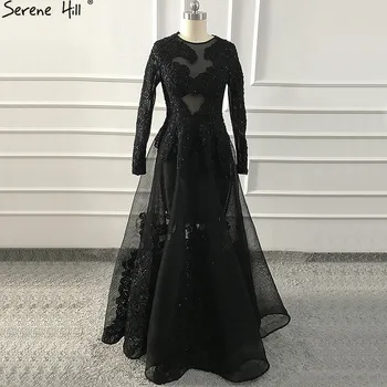 Black O-Vratu Ročno izdelane Rože Večerne Obleke 2020 Dolge Rokave Vidika Seksi Večerne Mirno Hill LA60837