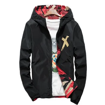 Novi ljudje Hooded suknjič Spomladi in jeseni Prikrivanje X print Nosite na obeh straneh Športna jakna Moški Hip Hop Windbreaker outerwer
