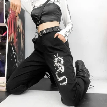 Darlingaga Kitajski slog vezenje black track hlače ženske hlač žepi Hip Hop visoko pasu hlače spodnji joggers 2020