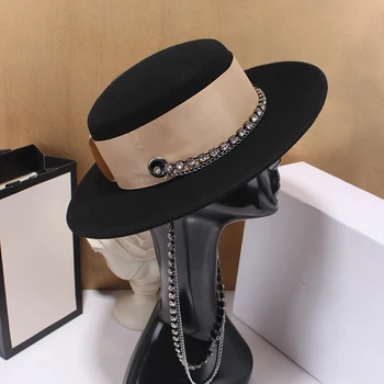 Elegantno velik črn klobuk big robna fedora klobuk volne klobučevine pokrivalo ženske lok Panamski slamnik Avstralija dame klobuk jeseni priložnostne volne klobuk