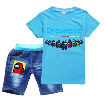 100-170 Moda Bombaž Med Nami Rokavi za Malčke Dekliška T + Traper Hlače Najstniški Fantje Tshirt Obleko Poletje Otroci Vrhovi oblačila 2020