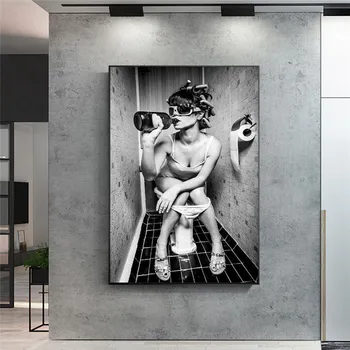 Seksi Dekle Sedi V Wc Nordijska Platno Umetnosti Plakatov in Fotografij Črno-Belo Platno Slike na Steni Umetniške Slike Cuadro