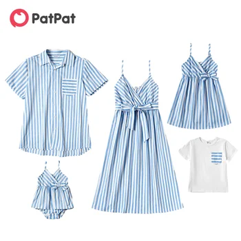 PatPat Nov Prihod Poletja 2021 Mozaik Družino Ujemanje Oblačila Modri in Beli Trak Serija Postavlja Družino Poglej Obleko