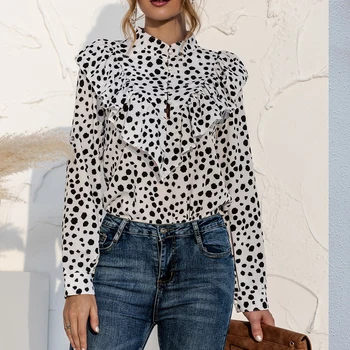 Poletje Letnik Šifon Ruffles Print majica vrhovi za žensko bluzo 2021 Pomladni Vintage dolgo sleeved priložnostne šifon majica bluzo
