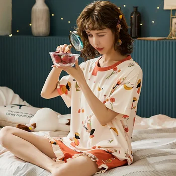 Nov Slog Pižamo Ženske Poletje Kratka sleeved Poliester-bombažno Obleko, dvodelno, korejski Slog Tanke Domov Nositi Plus Plus Velikost Pižame