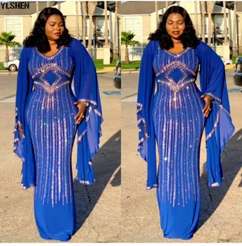 Afriške Obleke za Ženske 2019 Nova Afriška Oblačila Dashiki Diamond Kroglice Bazin Riche Seksi Slim Ruffle Rokav Dolgo Obleko Afriki