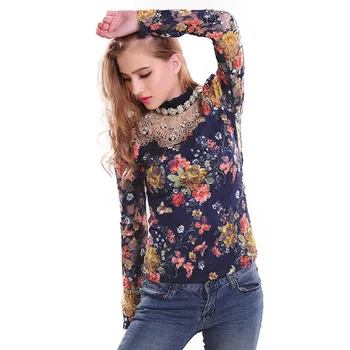 YAYEYOU Pomlad Čipke Bluzo Pomlad ženske ' s plus velikost cvetlični diamond čipke majice dolg rokav slim mozaik vrhovi ženske oblačila