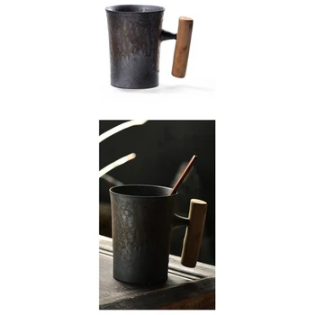 300 ml Ustvarjalne Ročno izdelan Keramični Vrč Kave z Žlico Rjavo Glazuro z Lesenim Ročaj Vode Pokal za Dom in Pisarno