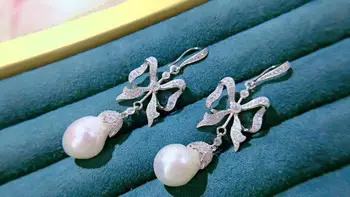 Baročni naravno sveže vode pearl spusti uhane 925 sterling srebrni barvi s kubičnih cirkon bowknot uhan fine ženske, nakit dolgo