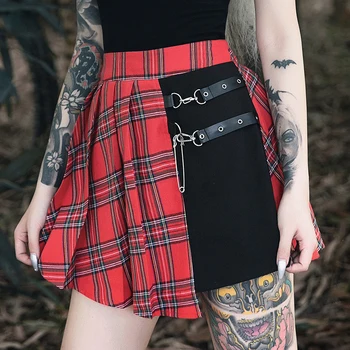 Rdeča Kariran Gothic Punk Krila Ženske Naguban Žogo Obleke Mozaik Visoko Pasu Mini Krilo Moda Ulične Sponke Žensko Krilo Goth