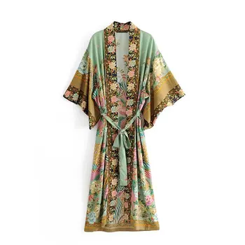 Boho ženske pav cvjetnim tiskanja bat rokav plaži Bohemian Kimono plašč Ženske V vratu Tassel Poletje happie obleko vestidos