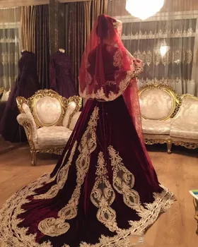 Vintage Burdundy Žametno Obleko Muslimanskih Poročni Obleki Dolge Rokave Kapela Vlak Indijski Stil Poročne Obleke Vestidos Meri Appliq