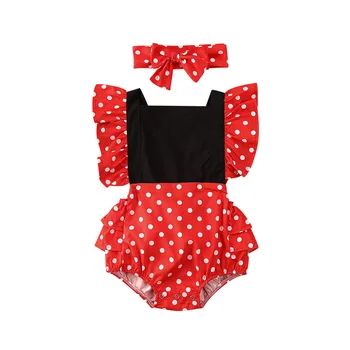 0-24M Srčkan Baby Toddler Dekleta Bodysuits Ruffles Kratek Rokav Polka Dot Tiskanja Backless Lok Jumpsuits Glavo 2pcs