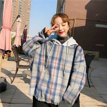 Vroče Prodajo Žensk Kariran Ponaredek Dva Kosa Visoko Neck Majica 2020 Pozimi Sladko Stil Dekle Svoboden Debele Korejski Svoboden Volnene Hoodies
