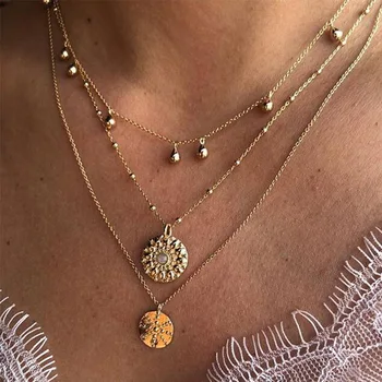Pozlačeni večplastna ogrlica čare obesek kovanec kristalno vintage nakit verige ženske pribor choker boho družico darilo