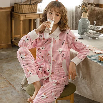 Porodniški Pižamo Nastavite Ščepec Bombažno Jopico+Hlače zdravstvene Nege Sleepwear Zavoj navzdol Ovratnik Nosečnice Clothings Nightgown