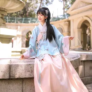 Starodavne Dinastije Ming Kostum Kimono Ženska Japonski Ženske Elegantne Hanfu Kitajski Flare Rokavi Top in Krilo Ženska Oblačila, ki