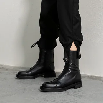 Royesic Pristen Krava Usnja Ženske Britanski stil debel-soled sredine cevi čevlji 2020 jeseni novo zadrgo ravno gleženj škornji ženske