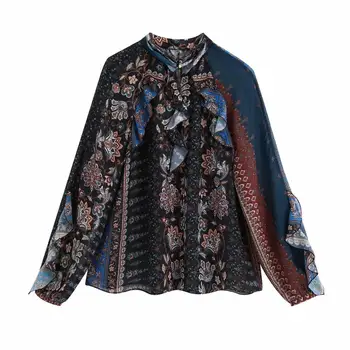 XNWMNZ Za ženske letnik totem cvet tiskanja mozaik priložnostne delavska bluzo majice ženske ruffles krpo šifon elegantna blusas vrhovi