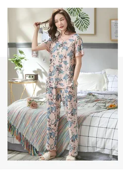 Ženske Modal Pižamo Set Print Cvetlični Pižame bo Ustrezala 2 KOS Sleepwear Poletje Kratek Rokav Svoboden Domov Oblačila Plus Velikost M-3XL