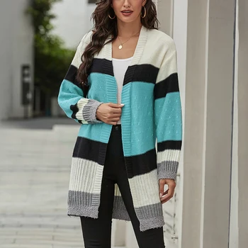 Moda Jopico Pleteni Puloverji Ženske 2020 Jeseni Plesti Colorblock Mozaik Toplo Dolgo Cardigan Ulične Plašč