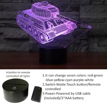 7 Barv Spreminjanje Namizno Svetilko 3D Lučka LED Night Light Tank Obliko Dotik Tabela Lučka za Osvetlitev Stereoskopski
