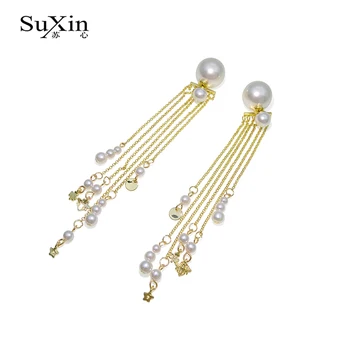SuXin uhani 2020 novo preprost zlato pearl tassel temperament uhani za ženske dolgo pearl obesek, uhani nakit darilo