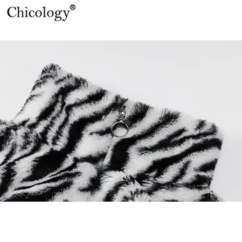 Chicology Krzno Zebra Print Zip Majica Oversize Svoboden Kpop Vrh 2020 Dolg Rokav Pozimi Pade Kawaii Oblačila Y2K Ulične