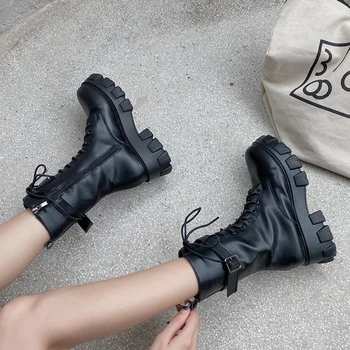 Rimocy Moda Sponke Močen Škornji Ženske Priložnostne Čipke Platformo Gleženj Škornji Ženska Vodotesno Pu Usnje Punk Botas Mujer 2020