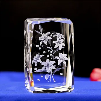 Lep Cvet Lasersko Vgravirana Kocka Quartz Crystal 3D Blok Miniature Najboljše Božično darilo