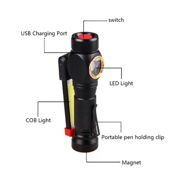 USB 18650 Prenosna Luč 7 Način Polnilna LED delovna Lučka Zložljiva COB Svetilka Zasilne svetilke Za Kampiranje na Prostem/Zaprtih prostorih