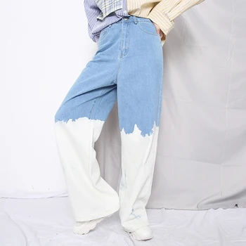 [EAM] Postopno Barve Dolgo Modro Širok Noge Jeans Novo Visoko Pasu Svoboden Ženske Hlače Modni Plima Pomlad Jesen 2021 1U31205