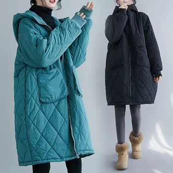 Zimski Plašč Plus Velikost Padded Jakna Ženske 2020 Nove Mid-Dolžina korejski Svoboden Debele Priložnostne Toplo Hooded Žepi Argyle Suknji y732