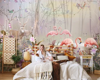 Beibehang Prilagodite nove Nordijske ročno poslikano elk flamingo sanje gozdov dnevna soba zidana TV roza ozadje stene papirjev doma dekor