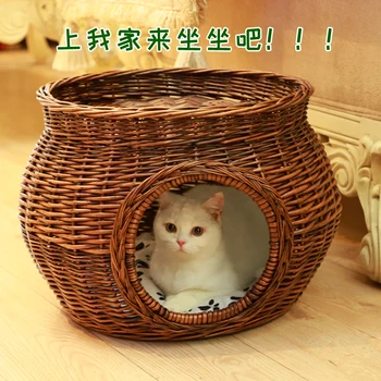 Priročnik Rattan Cat Hiša Naravnih protja tkanje mačka gnezdo mačka dodatki Trajne zelena z Debelo blazino za velikih pet