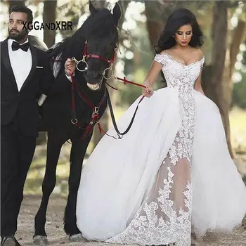 Romantični Dolge Čipke Poročno Obleko s Snemljivo Vlak Seksi Off Ramenski Appliques Poroka Oblek Nevesta Arabski Stil Poročne Obleke