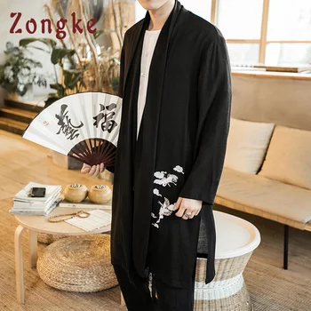 Zongke Kitajski Žerjav Vezenje Dolgo Kimono Jopico Plašč Japonski Kimono Moški Suknjič Ulične Mens Kimono Jakna Moški 2021 Nova