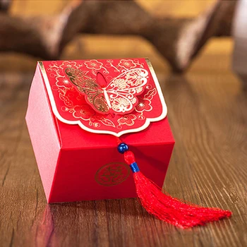 (25 kos/veliko) Poročno Darilo Tradicionalni Kitajski Rdeče bonboniera Z Tassel 3D Metulj Foliji Zlata Poroka Uslug Darilo Polje B007