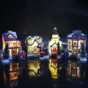 10pcs/set Božič Santa Claus Sneg Hiše Majhne Scene Nastavi Svetilnost LED sveti Xmas Tree Trgovina Vasi Okraski Figurice