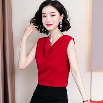 Korejski Ženske Bluze Elegantna Ženska Saten Bluzo Majica Plus Velikost Vrhovi Ženska Brez Rokavov V Vratu Blusas Mujer De Moda Camisas Mujer